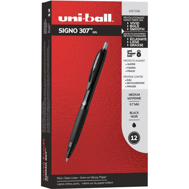 uniball&trade; 307 Gel Pen - Medium Pen Point - 0.7 mm Pen Point Size - Retractable - Black Nanofiber Ink Ink - 1 Dozen