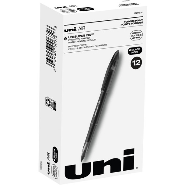 uni&reg; Air Porous Point Pen - Medium Pen Point - 0.7 mm Pen Point Size - Conical Pen Point Style - Black - Black Barrel - 1 Dozen