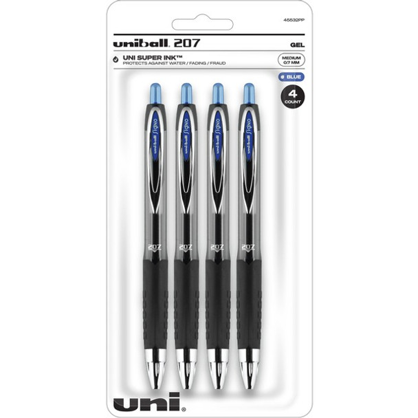 uniball&trade; 207 Gel Pen - Medium Pen Point - 0.7 mm Pen Point Size - Refillable - Retractable - Blue Gel-based Ink - Plastic Barrel - Tungsten Carbide Tip - 4 / Pack