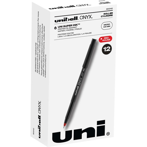 uniball&trade; Onyx Rollerball Pens - Micro Pen Point - 0.5 mm Pen Point Size - Red - Metal Tip - 1 Dozen