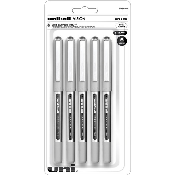 uniball&trade; Vision Rollerball Pen - Fine Pen Point - 0.7 mm Pen Point Size - Black - 5 / Pack