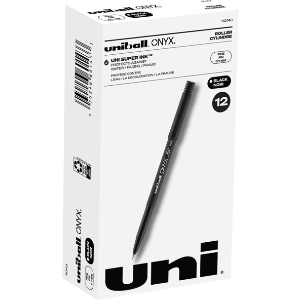 uniball&trade; Onyx Rollerball Pens - Fine Pen Point - 0.7 mm Pen Point Size - Conical Pen Point Style - Black Dye-based Ink - Matte Black Barrel - Metal Tip - 1 Dozen