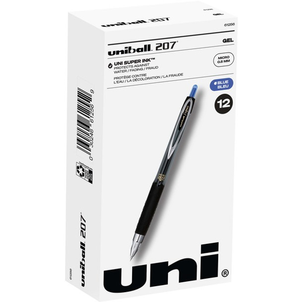 uniball&trade; 207 Gel Pen - Micro Pen Point - 0.5 mm Pen Point Size - Refillable - Retractable - Blue Pigment-based Ink - 1 Dozen