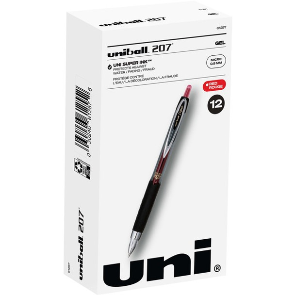 uniball&trade; 207 Gel Pen - Micro Pen Point - 0.5 mm Pen Point Size - Refillable - Retractable - Red Gel-based Ink - Translucent Barrel - 1 Dozen