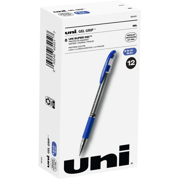 uniball&trade; Gel Grip Pens - Medium Pen Point - 0.7 mm Pen Point Size - Blue Gel-based Ink - 1 Dozen