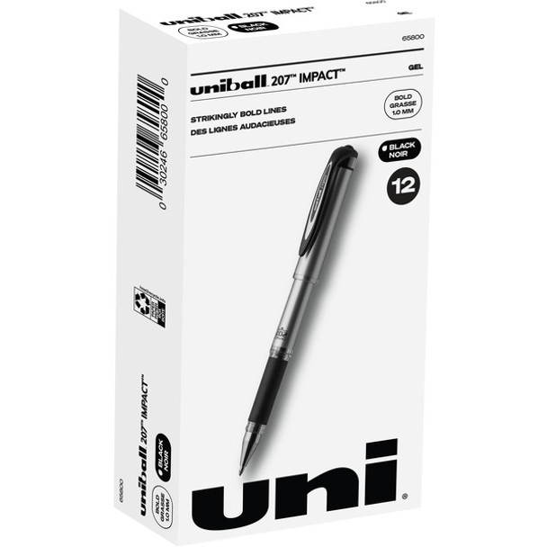 uniball&trade; 207 Impact Gel Pen - Bold Pen Point - 1 mm Pen Point Size - Refillable - Black Gel-based Ink - Silver Barrel - 1 Dozen