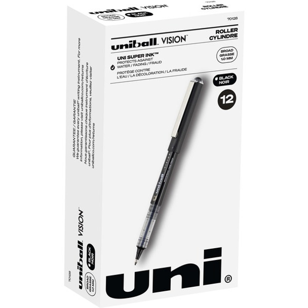 uniball&trade; Vision Rollerball Pen - Broad Pen Point - 1 mm Pen Point Size - Black - Black Barrel - 1 Each