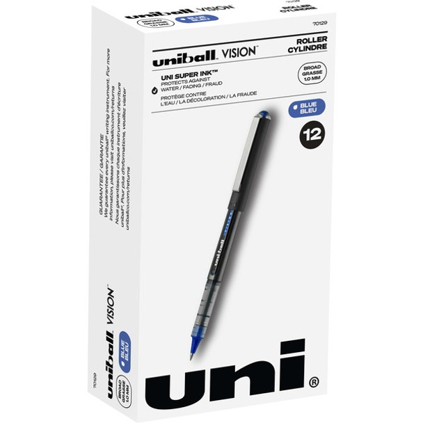 uniball&trade; Vision Rollerball Pen - Broad Pen Point - 1 mm Pen Point Size - Blue - Black, Blue Barrel - 1 Each