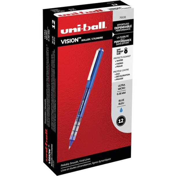 uniball&trade; Vision Rollerball Pen - Ultra Micro Pen Point - 0.38 mm Pen Point Size - Blue - 1 Each