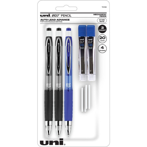 uniball&trade; 207 Mechanical Pencils - HB/#2 Lead - 0.7 mm Lead Diameter - Black Lead - Assorted Barrel - 3 / Pack