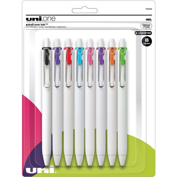 uniball&trade; UB One Gel Pens - Medium Pen Point - 0.7 mm Pen Point Size - Retractable - Assorted Pigment-based, Gel-based Ink - White Barrel - 8 / Pack