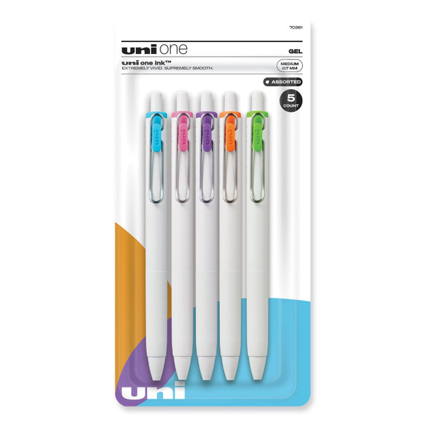 uniONE Gel Pen, Retractable, Medium 0.7 mm, Assorted Fashion Ink Colors, Assorted Barrel Colors, 5/Pack