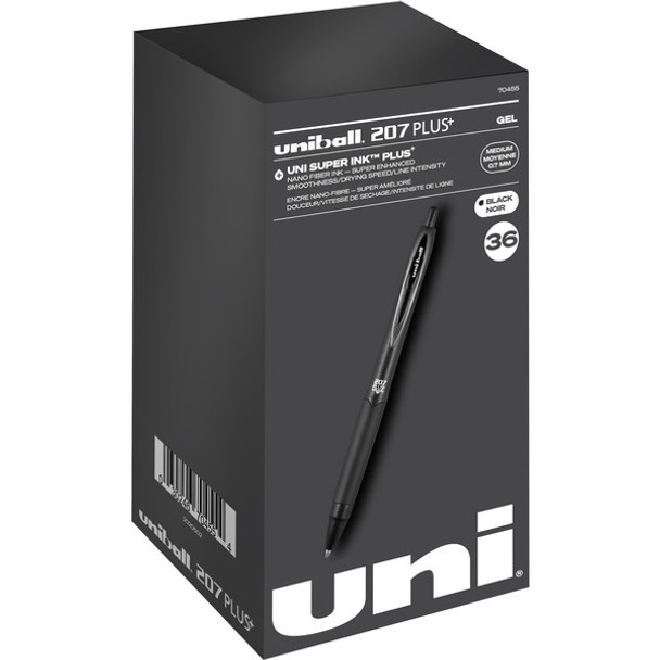 uniball&trade; 207 Plus+ Gel Pen - Medium Pen Point - 0.7 mm Pen Point Size - Retractable - Black Gel-based, Nanofiber Ink Ink - Black Metal Barrel - 36 / Box
