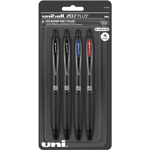 uniball&trade; 207 Plus+ Gel Pen - Medium Pen Point - 0.7 mm Pen Point Size - Retractable - Assorted Gel-based, Nanofiber Ink Ink - Black Metal Barrel - 4 / Pack