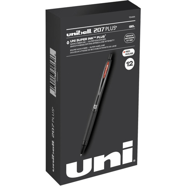 uniball&trade; 207 Plus+ Gel Pen - Medium Pen Point - 0.7 mm Pen Point Size - Retractable - Red Gel-based, Nanofiber Ink Ink - Black Metal Barrel - 1 / Dozen