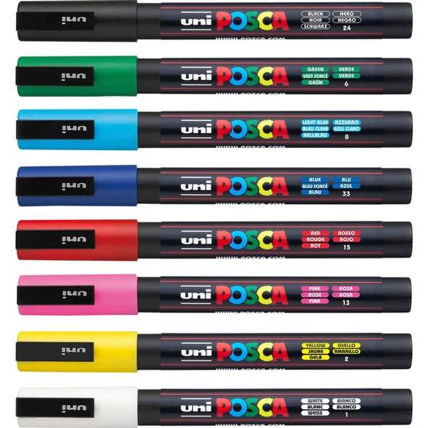 uni&reg; Posca PC-3M Paint Markers - Fine Marker Point - Green, Blue, Light Blue, Yellow, Red, Pink, White, Black Water Based, Pigment-based Ink - 8 / Pack