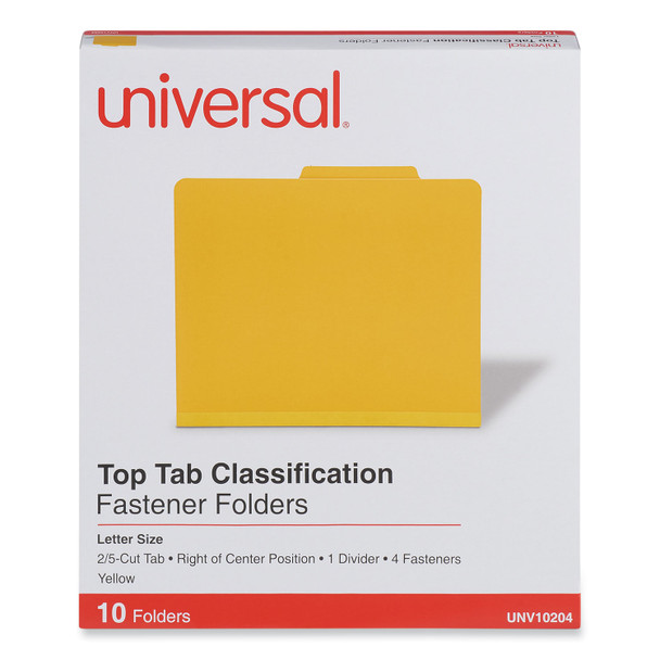 Bright Colored Pressboard Classification Folders, 2" Expansion, 1 Divider, 4 Fasteners, Letter Size, Yellow Exterior, 10/Box