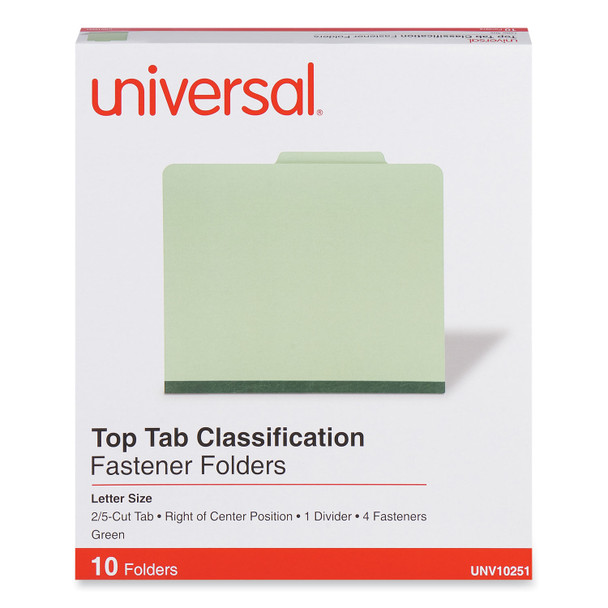 Four-Section Pressboard Classification Folders, 2" Expansion, 1 Divider, 4 Fasteners, Letter Size, Green Exterior, 10/Box