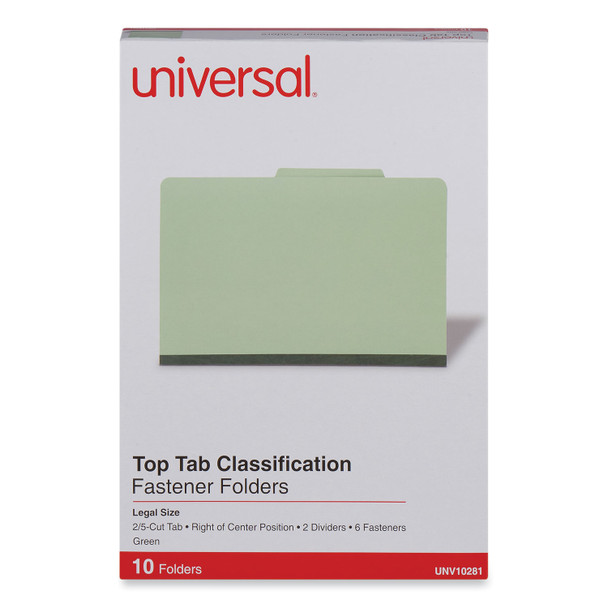 Six-Section Pressboard Classification Folders, 2" Expansion, 2 Dividers, 6 Fasteners, Legal Size, Green Exterior, 10/Box