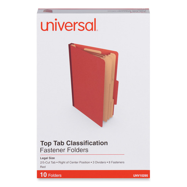 Eight-Section Pressboard Classification Folders, 3" Expansion, 3 Dividers, 8 Fasteners, Legal Size, Red Exterior, 10/Box