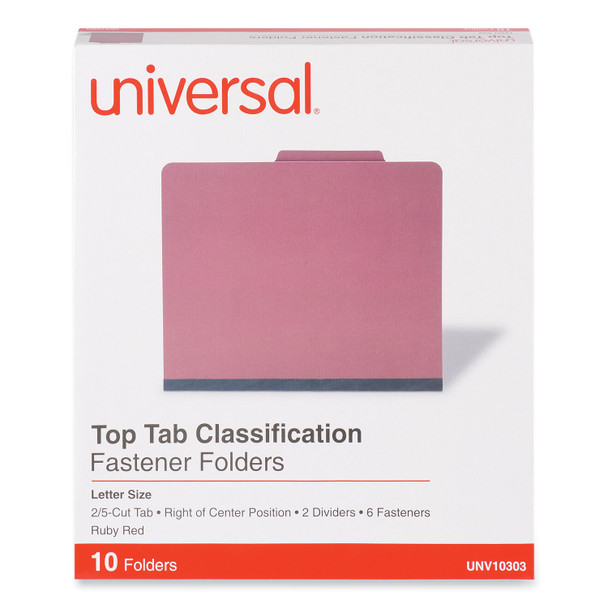 Bright Colored Pressboard Classification Folders, 2" Expansion, 2 Dividers, 6 Fasteners, Letter Size, Ruby Red, 10/Box