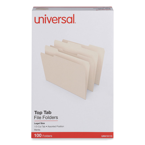 Top Tab File Folders, 1/3-Cut Tabs: Assorted, Legal Size, 0.75" Expansion, Manila, 100/Box