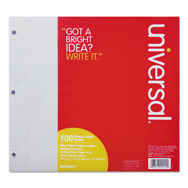 Filler Paper, 3-Hole, 8.5 x 11, Medium/College Rule, 100/Pack