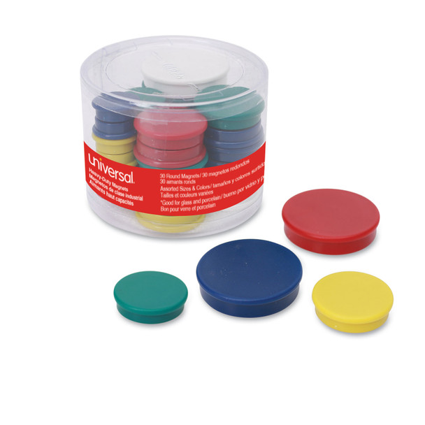 High-Intensity Assorted Magnets, Circles, Assorted Colors, 0.75", 1.25" and 1.5" Diameters, 30/Pack