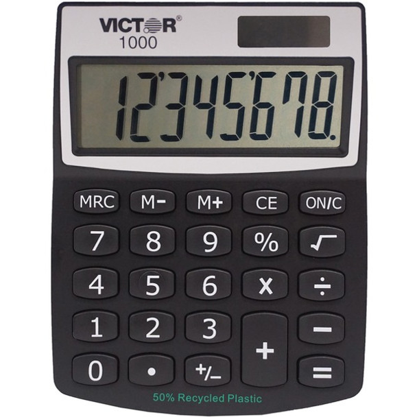 Victor 1000 Mini Desktop Calculator - Large LCD, Battery Backup, Independent Memory, Plastic Key, Dual Power - 0.71" - 8 Digits - LCD - Battery/Solar Powered - 0.5" x 3.3" x 4.3" - Black - Plastic - 1 Each