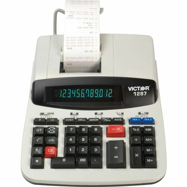 Victor 1297 12 Digit Commercial Printing Calculator - Dual Color Print - 4 lps - Big Display - 12 Digits - LCD - AC Supply Powered - 3" x 8" x 11" - White - 1 Each