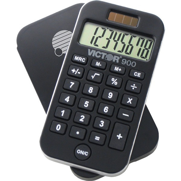 Victor 900 Handheld Calculator - Protective Hard Shell Cover, Big Display, Independent Memory, Dual Power - 0.55" - 8 Digits - LCD - Battery/Solar Powered - 0.3" x 2.5" x 4.3" - Black - Rubber Keys - 1 Each