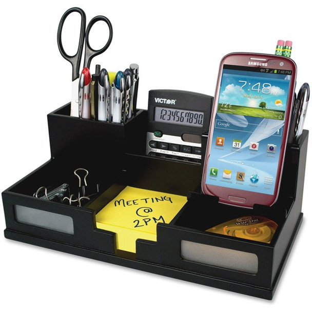 Victor 9525-5 Midnight Black Desk Organizer with Smart Phone Holder&trade; - 6 Compartment(s) - 4.0" Height x 5.5" Width x 10.4" Depth - Black - Frosted Glass, Wood, Rubber - 1Each