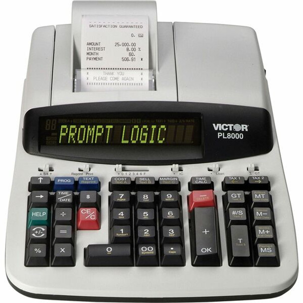 Victor PL8000 14 Digit Heavy Duty Thermal Printing Calculator - 8 - Date, Clock, Heavy Duty, Backlit Display, Durable, Independent Memory, 4-Key Memory - AC Supply Powered - 4" x 8.8" x 13.5" - Gray, White - 1 Each