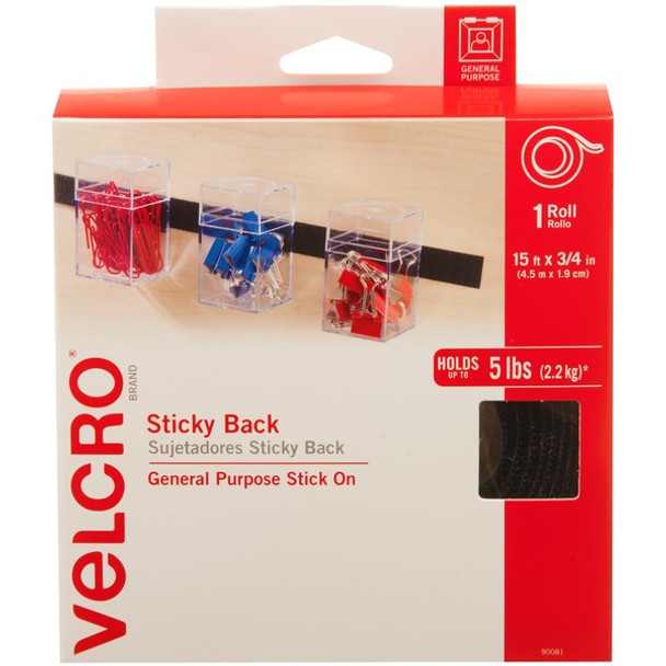 VELCRO&reg; 90081 General Purpose Sticky Back - 15 ft Length x 0.75" Width - For Mount Picture/Poster, Multi Surface - 1 / Roll - Black