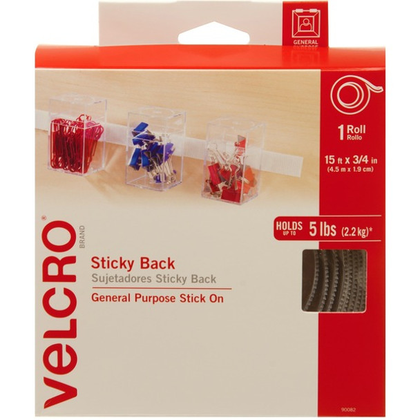 VELCRO&reg; 90082 General Purpose Sticky Back - 15 ft Length x 0.75" Width - For Mount Picture/Poster, Multi Surface - 1 / Roll - White