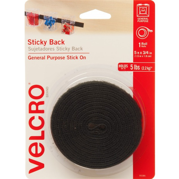VELCRO&reg; 90086 General Purpose Sticky Back - 5 ft Length x 0.75" Width - Dispenser Included - For Multipurpose - 1 Each - Black