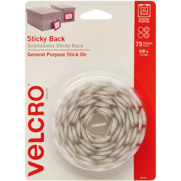 VELCRO&reg; 90090 General Purpose Sticky Back - 0.63" Dia - Adhesive Backing - Dispenser Included - For Glass, Metal, Plastic, Wood, Tile - 75 / Carton - White