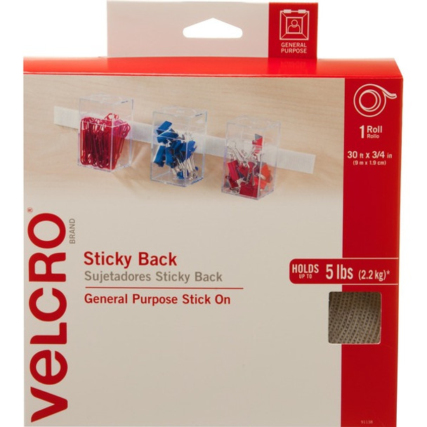 VELCRO&reg; 91138 General Purpose Sticky Back - 10 yd Length x 0.75" Width - Dispenser Included - For Mount Picture/Poster, Multi Surface - 1 / RollRoll - White