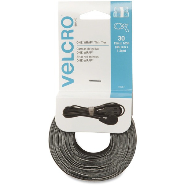 VELCRO&reg; One Wrap Thin Cable Ties - Cable Tie - Black, Gray - 30 - 25 lb Loop Tensile