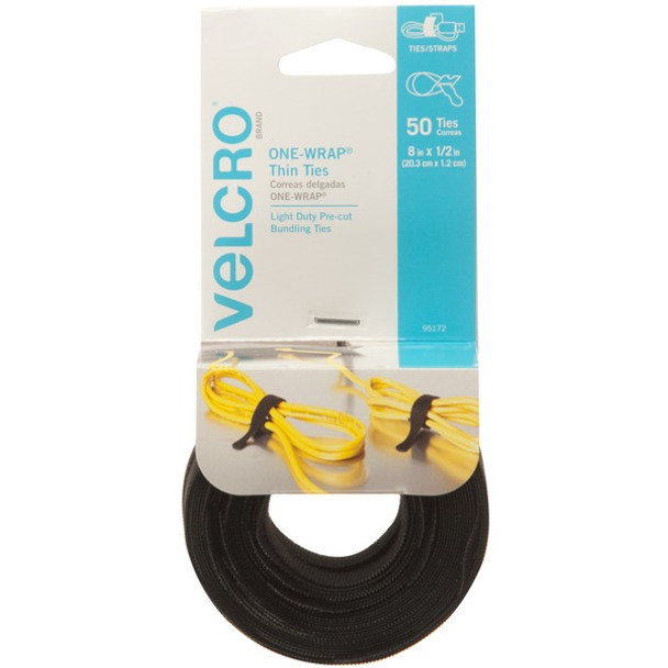 VELCRO&reg; One Wrap Light-duty Thin Bundling Ties - 5" Width - 8" Length - Black - 50 / Pack