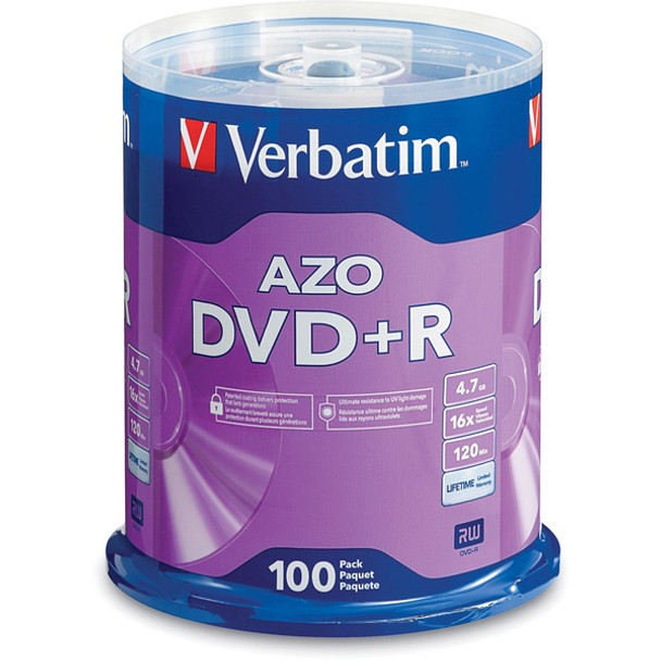 Verbatim 95098 DVD Recordable Media - DVD+R - 16x - 4.70 GB - 100 Pack Spindle - 120mm - 2 Hour Maximum Recording Time