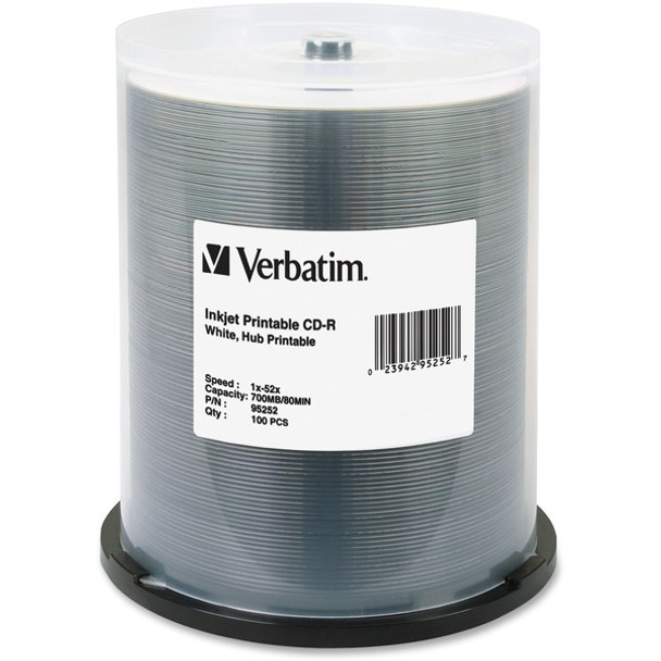 Verbatim 95252 CD Recordable Media - CD-R - 52x - 700 MB - 100 Pack Spindle - 120mm - Printable - Inkjet Printable - 133.53 Hour Maximum Recording Time