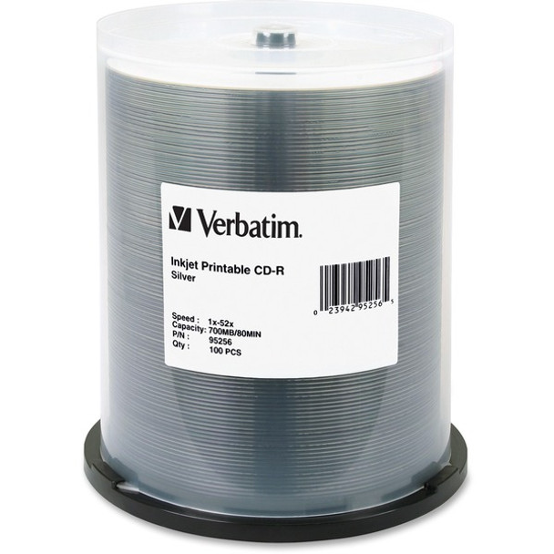 Verbatim 95256 CD Recordable Media - CD-R - 52x - 700 MB - 100 Pack Spindle - 120mm - Printable - Inkjet Printable - 1.33 Hour Maximum Recording Time