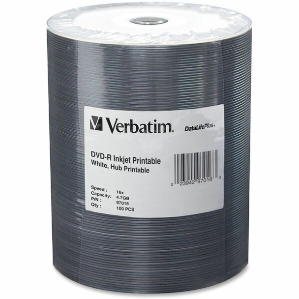 Verbatim 97016 DVD Recordable Media - DVD-R - 16x - 4.70 GB - 100 Pack Wrap - Inkjet Printable