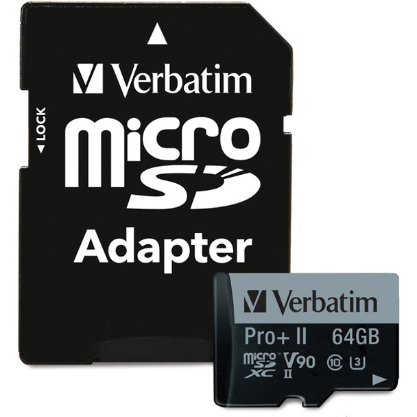 Verbatim Pro II Plus 64 GB Class 10/UHS-II (U3) microSDXC - 1 Pack - 295 MB/s Read - 255 MB/s Write - 1900x Memory Speed - Lifetime Warranty