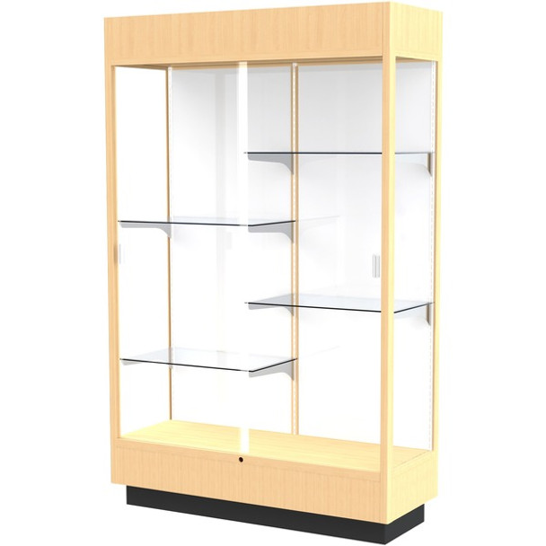 Waddell 4' Lighted Floor Case - 48" x 18" x 76" - Sliding Door(s) - Lockable, Leveler, Durable, Adjustable Shelf, Mirrored Back - Natural Maple - Wooden - TAA Compliant