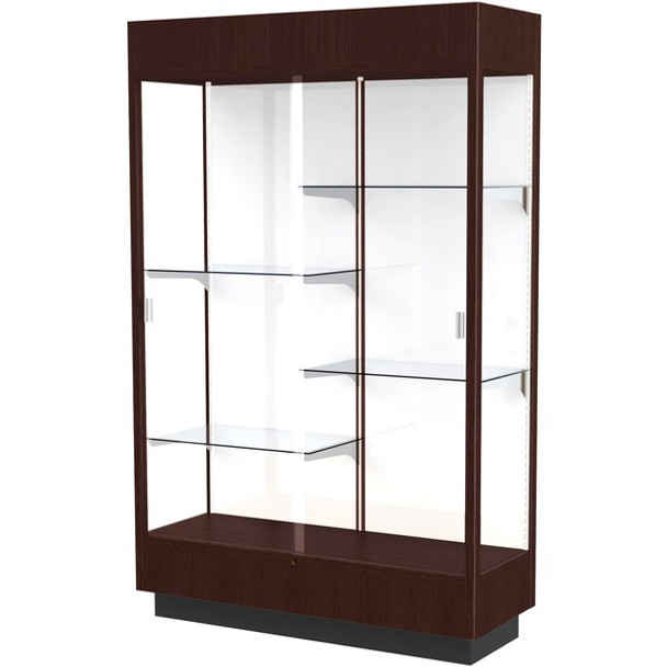 Waddell 4' Lighted Floor Case - 48" x 18" x 76" - Sliding Door(s) - Lockable, Leveler, Durable, Adjustable Shelf, Mirrored Back - Java - Wooden - TAA Compliant