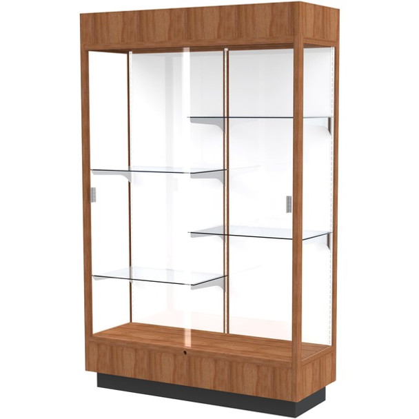 Waddell 4' Lighted Floor Case - 48" x 18" x 76" - Sliding Door(s) - Lockable, Leveler, Durable, Adjustable Shelf, Mirrored Back - Danish Walnut - Wooden - TAA Compliant