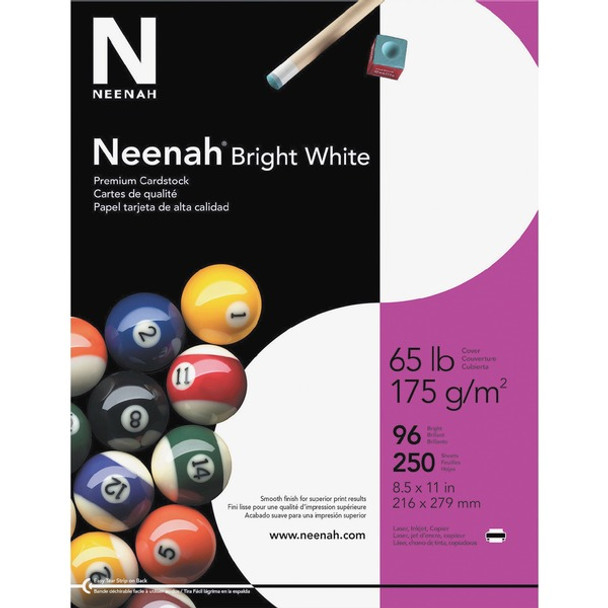 Neenah Bright White Cardstock - 96 Brightness - Letter - 8 1/2" x 11" - 65 lb Basis Weight - Smooth - 250 / Pack - Bright White