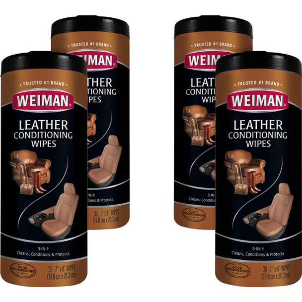 Weiman Products Leather Wipes - For Multipurpose - 8" Length x 7" Width - 30 / Canister - 4 / Carton - Pre-moistened - White